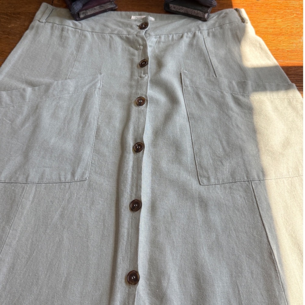 Linen Blend Soft Sage Green A-Line‎ Midi Skirt Button Front Pockets XL - Picture 2 of 10